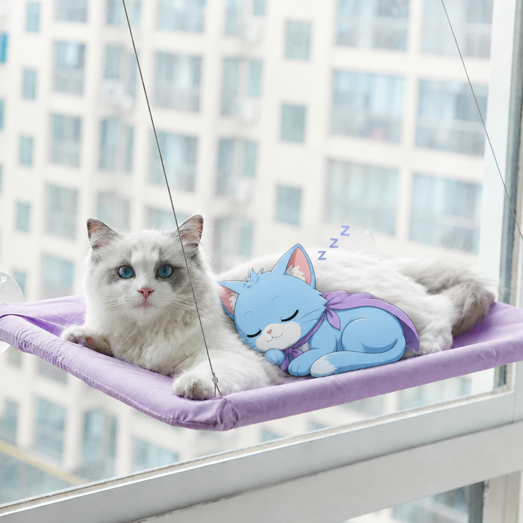Capitaine Perchée dort à côté d'un chat sur le hamac de fenêtre violet
