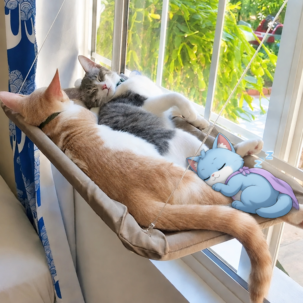 Capitaine Perchée fait la sieste avec deux chats sur le hamac de fenêtre